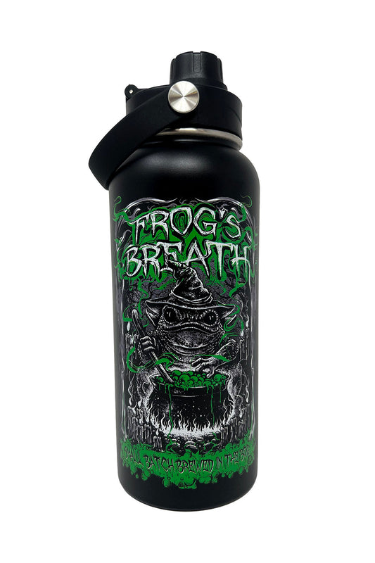 Black water bottle with green and white graphic toad design on a white background