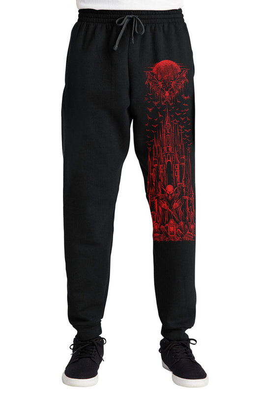 mens gothic sweatpants with a vampire castle graphic and bats printed on 1 leg
