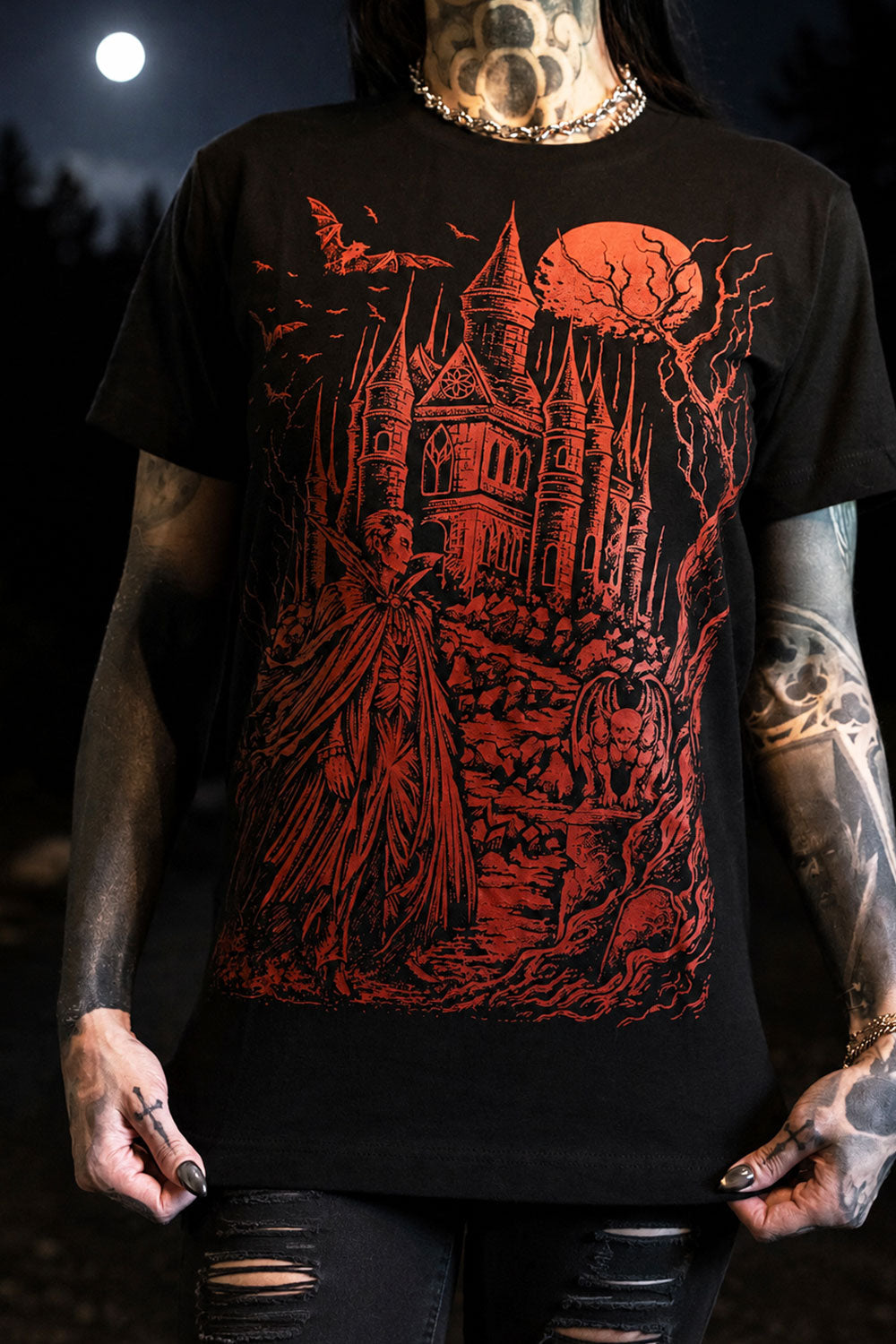 Red graphic vampire castle on black tshirt