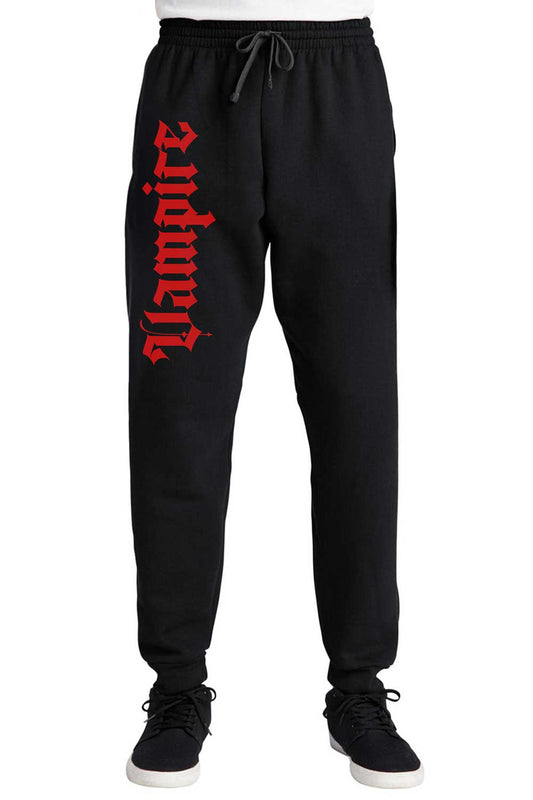 Black sweatpants with red Vampire text on a white background