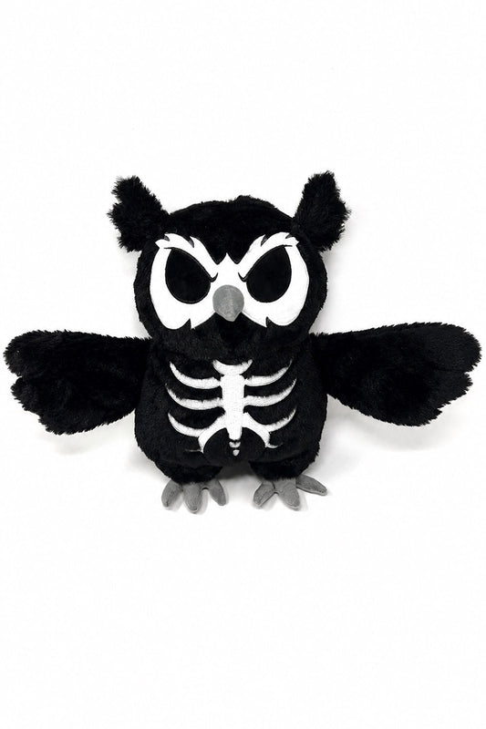 A black plush owl toy with a white skeleton print on its chest, large white eyes, and gray beak and feet, shown against a plain white background.