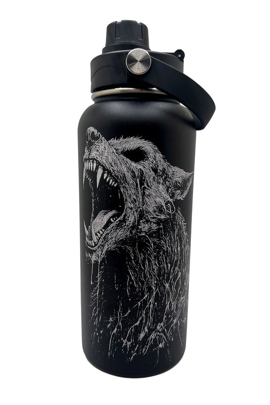 Black water bottle with a wolf design on a white background