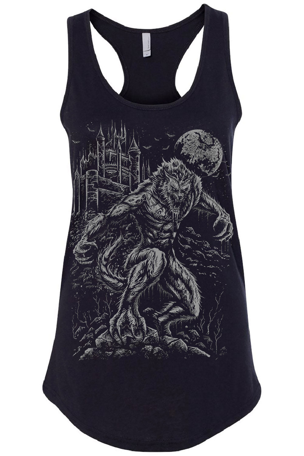 black cotton heavy metal werewolf, gothic castle, and full moon werewolf shirt  tank top for women 