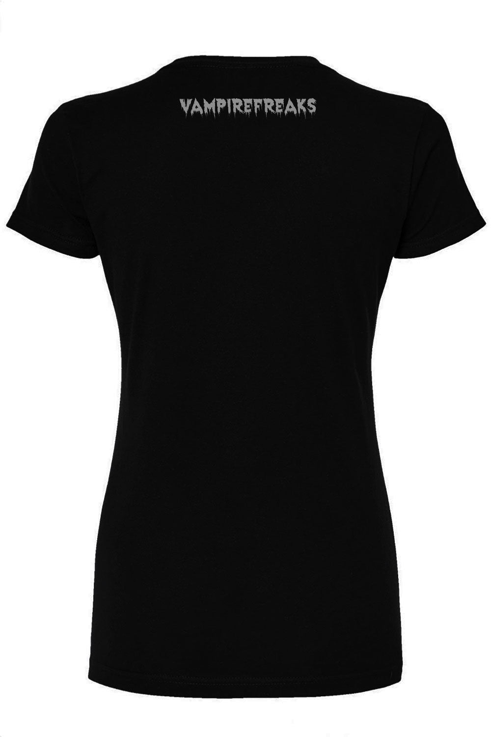 Black t-shirt with 'VAMPIREFREAKS' text on the back against a white background