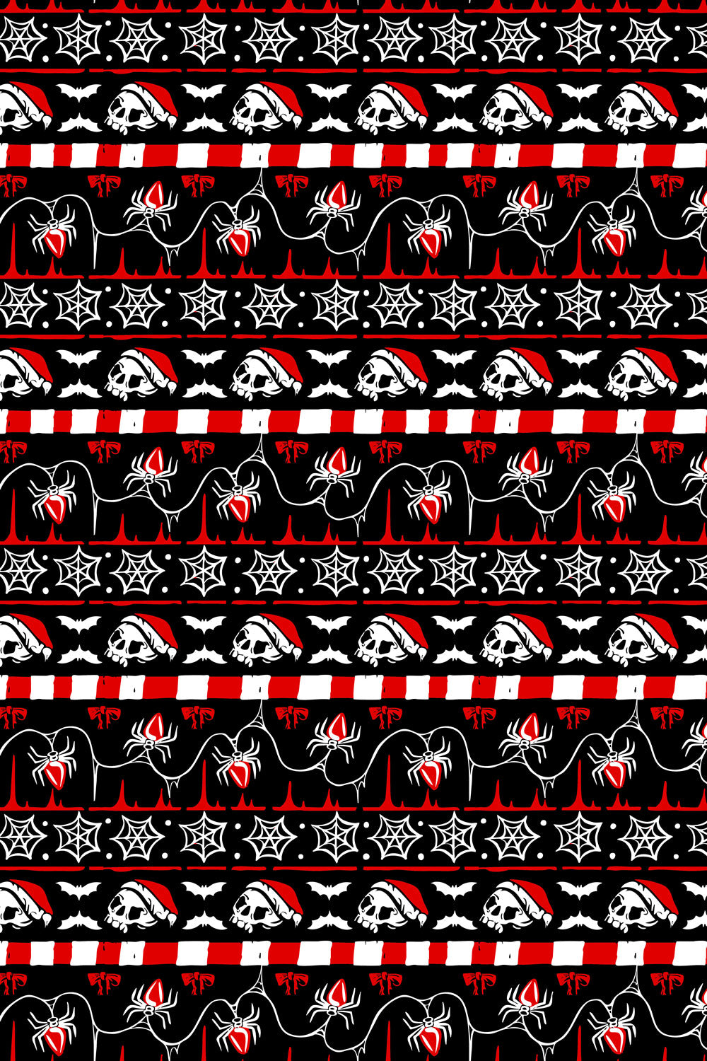 skull, spider, goth santa hat, bat, and web christmas wrapping paper