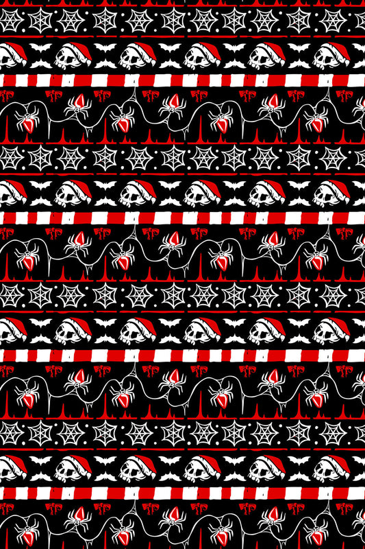 skull, spider, goth santa hat, bat, and web christmas wrapping paper