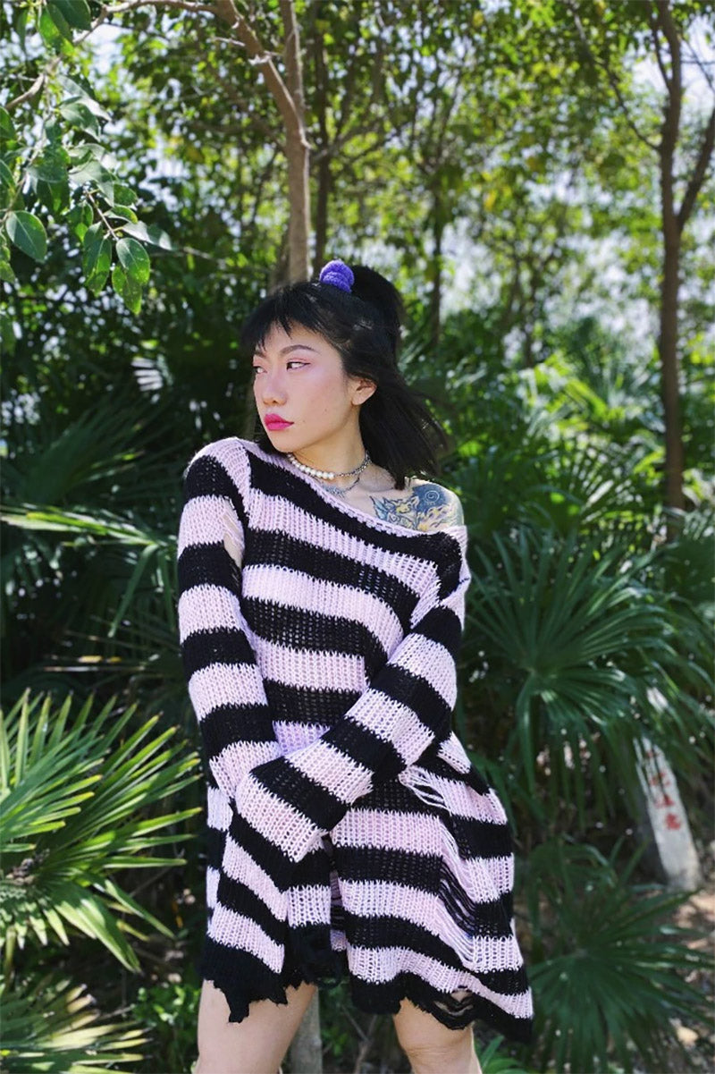 Pastel Pink/Black Striped Distressed Sweater