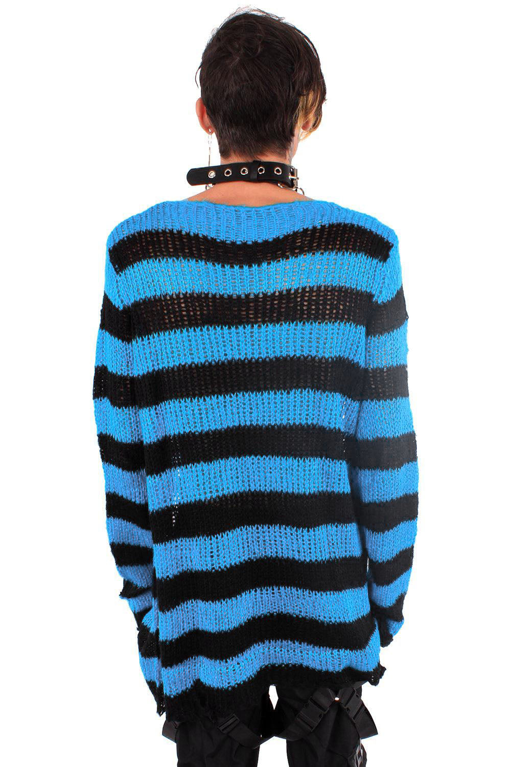 Pastel Blue/Black Striped Distressed Sweater