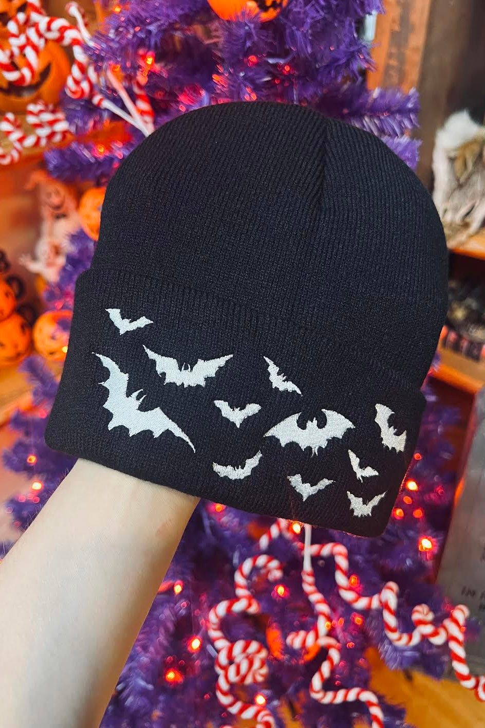 black gothic beanie embroidered with white bats