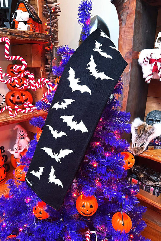 spooky knitted black and white bat scarf