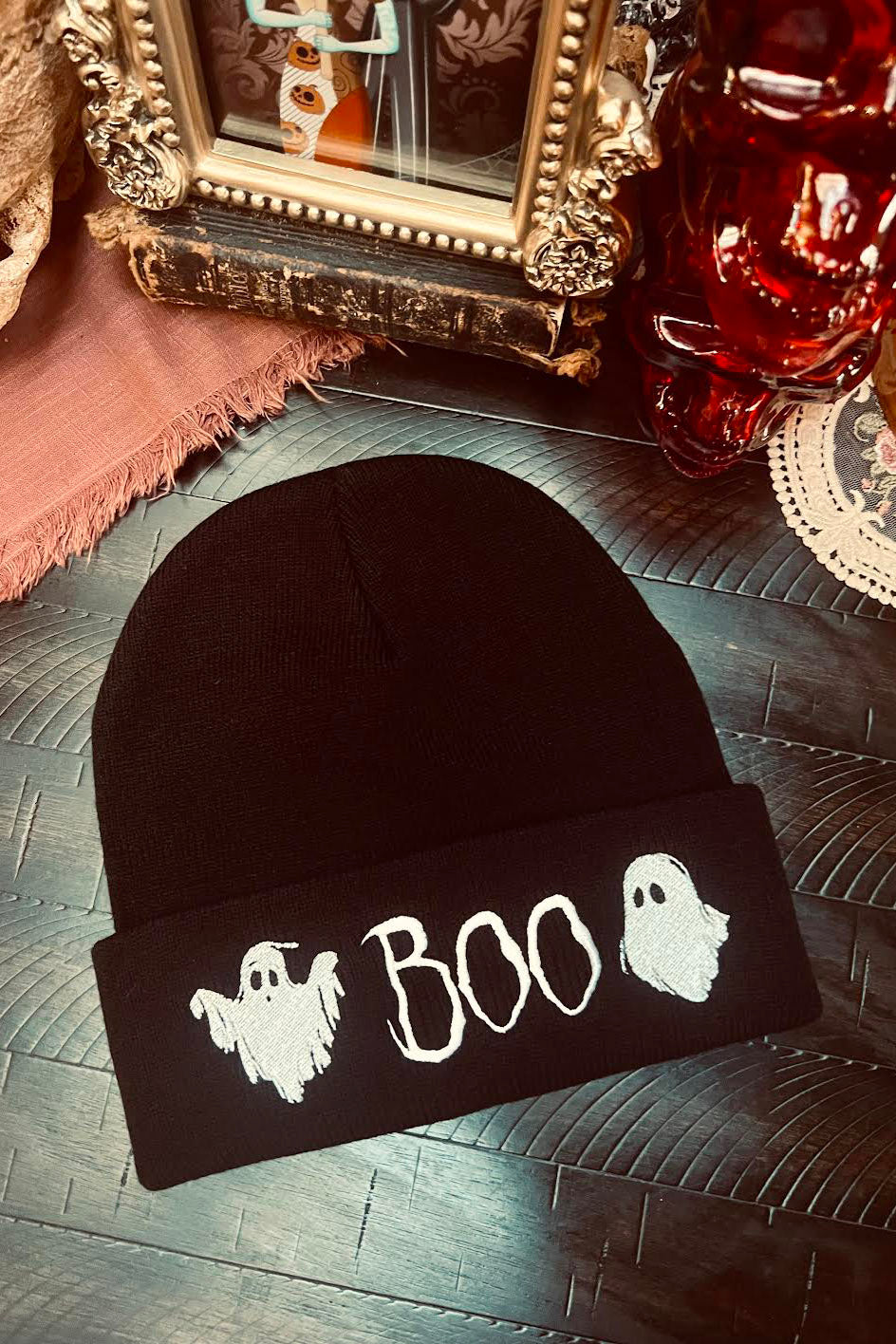 black embroidered ghost beanie